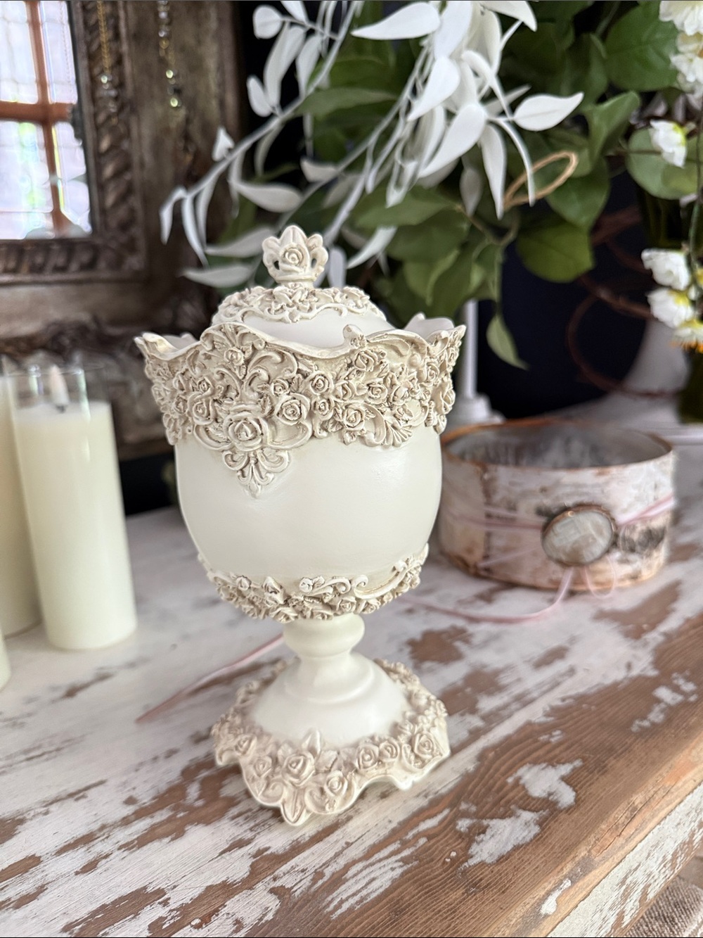 Ornate Cream Decorative Urn with Rose Embellishments